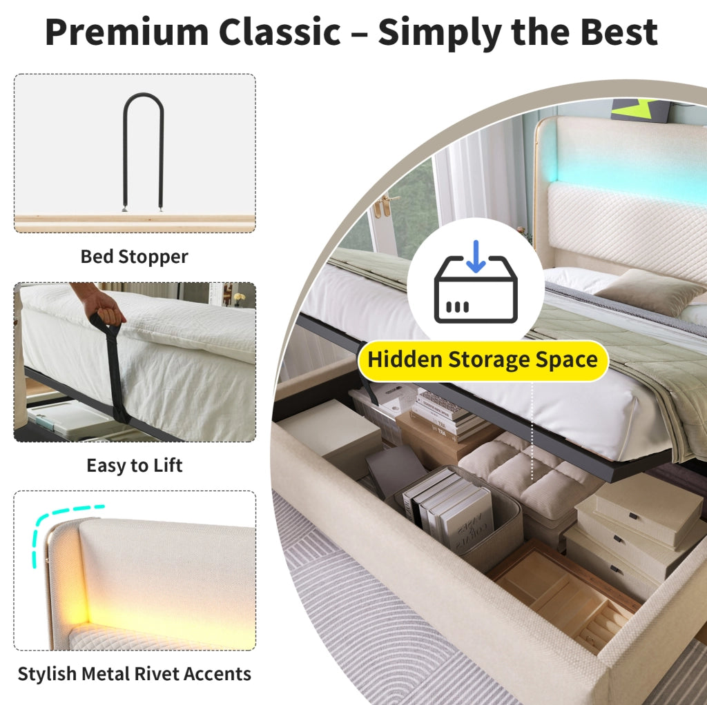 Letto matrimoniale 160x200 con contenitore LED USB-C e materasso