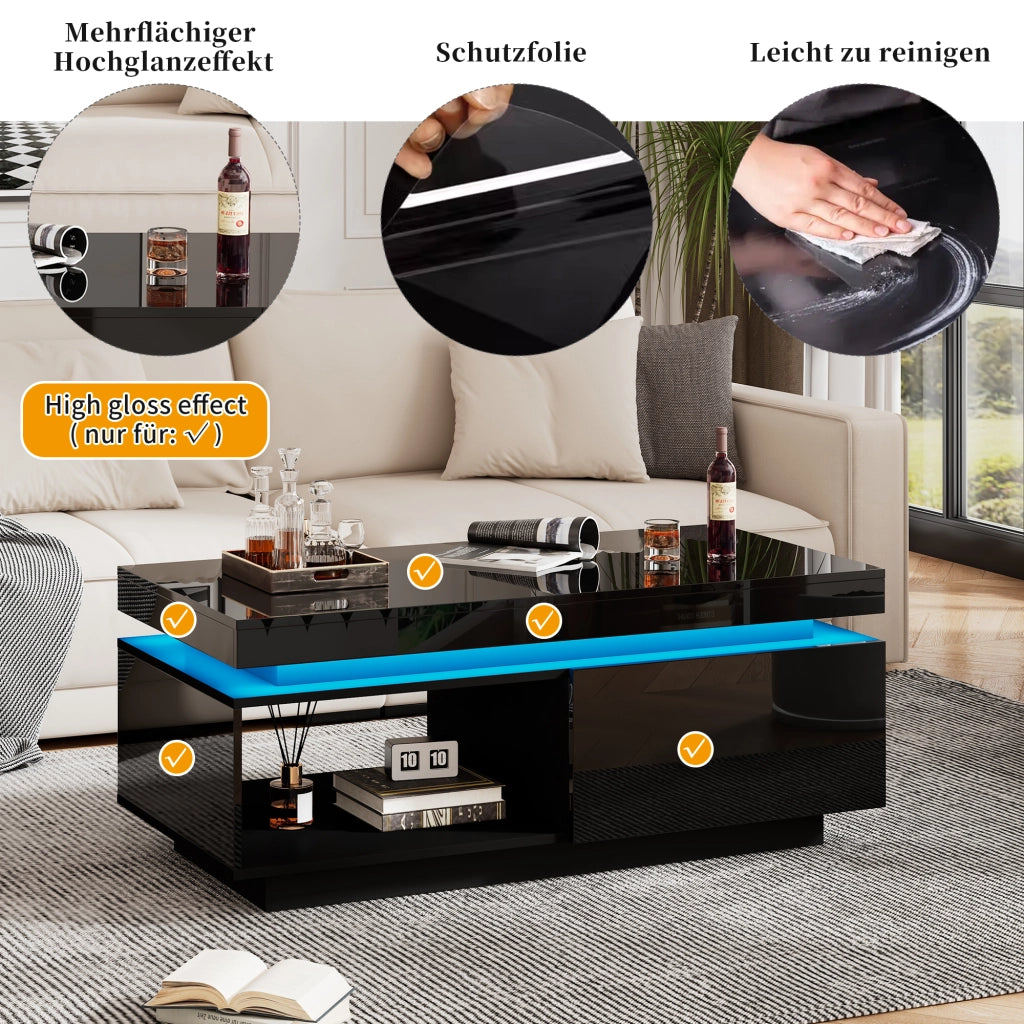 Set mobile TV + tavolino, 181 cm, LED Bluetooth, nero lucido, 2 pezzi