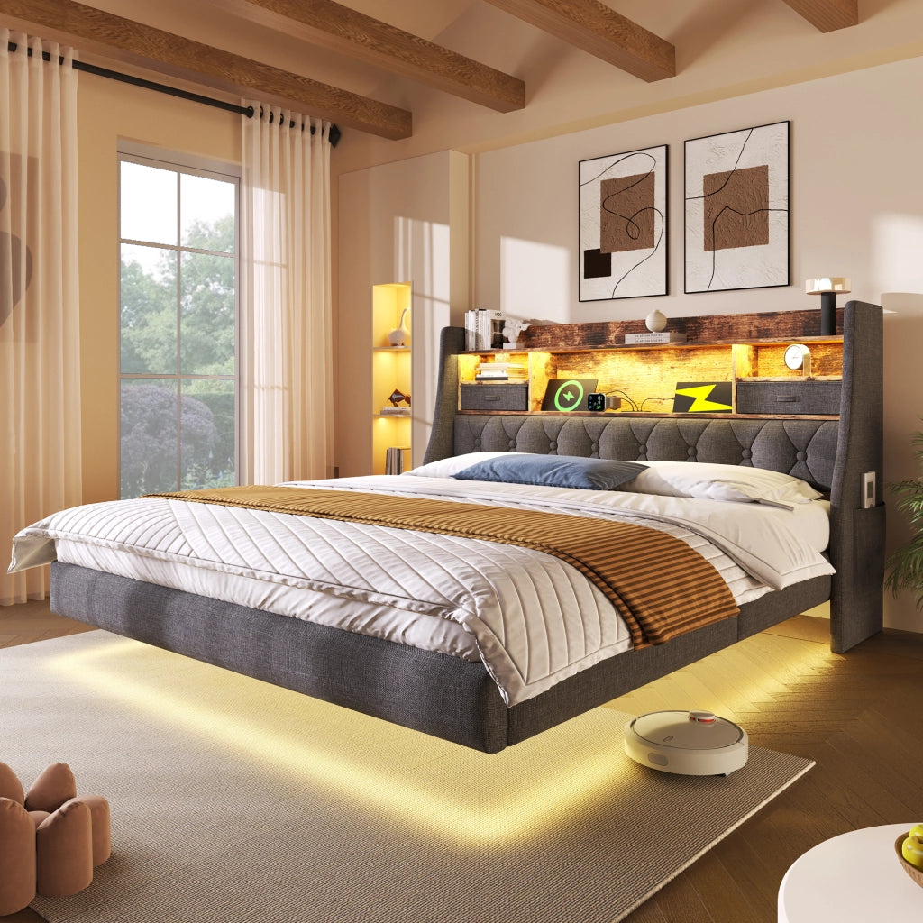 Letto imbottito con LED, USB-C e testiera contenitore, 180x200 cm, grigio