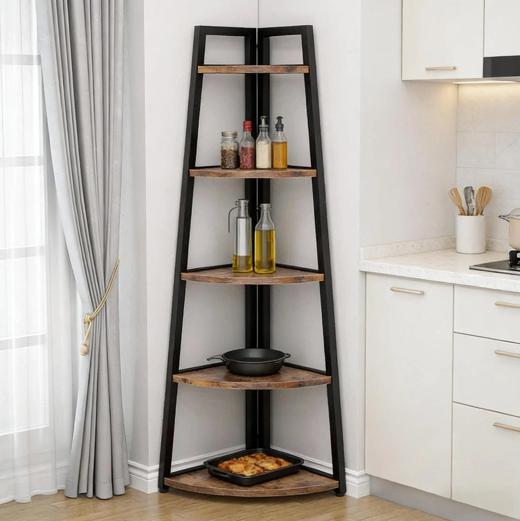 Scaffale angolare a 5 ripiani multipiano per libri e piante, struttura in legno e metallo