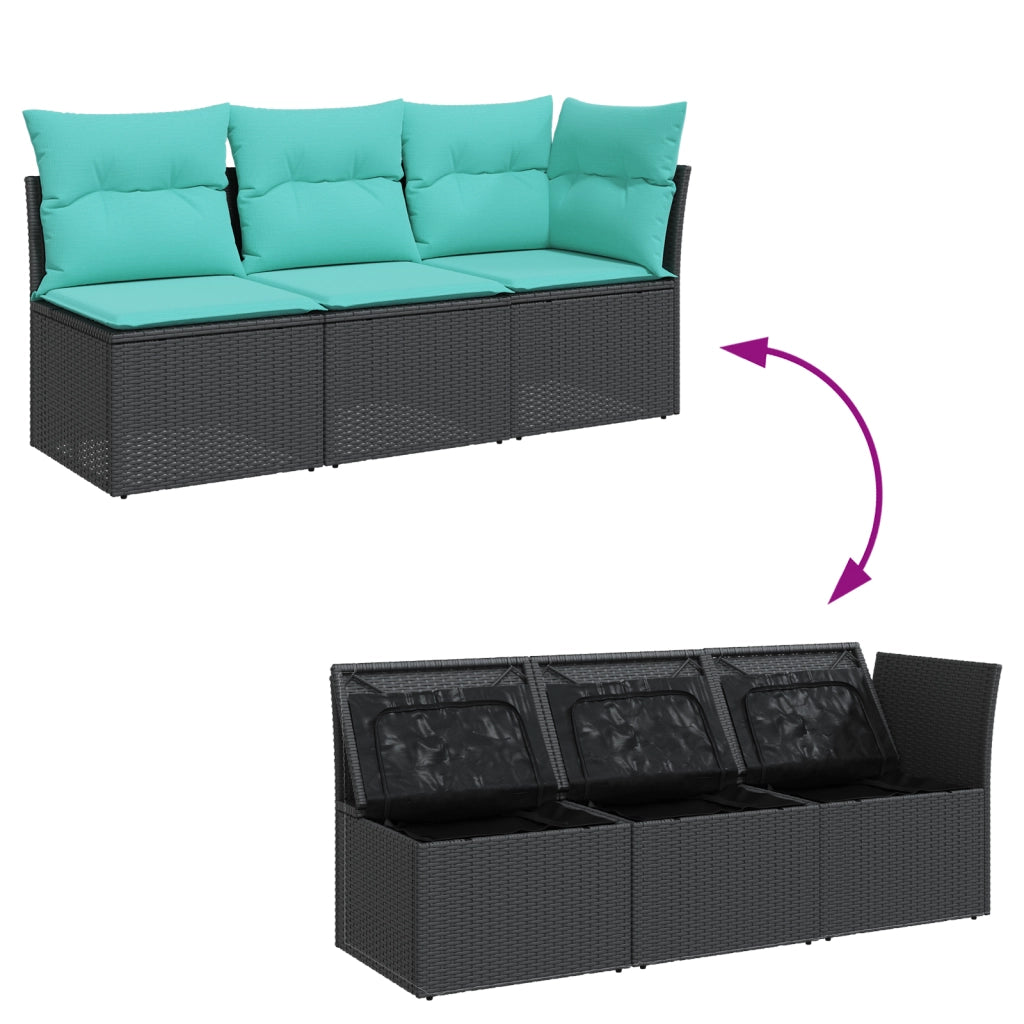Divano da Giardino a 3 Posti con Cuscini Nero in Polyrattan 366041