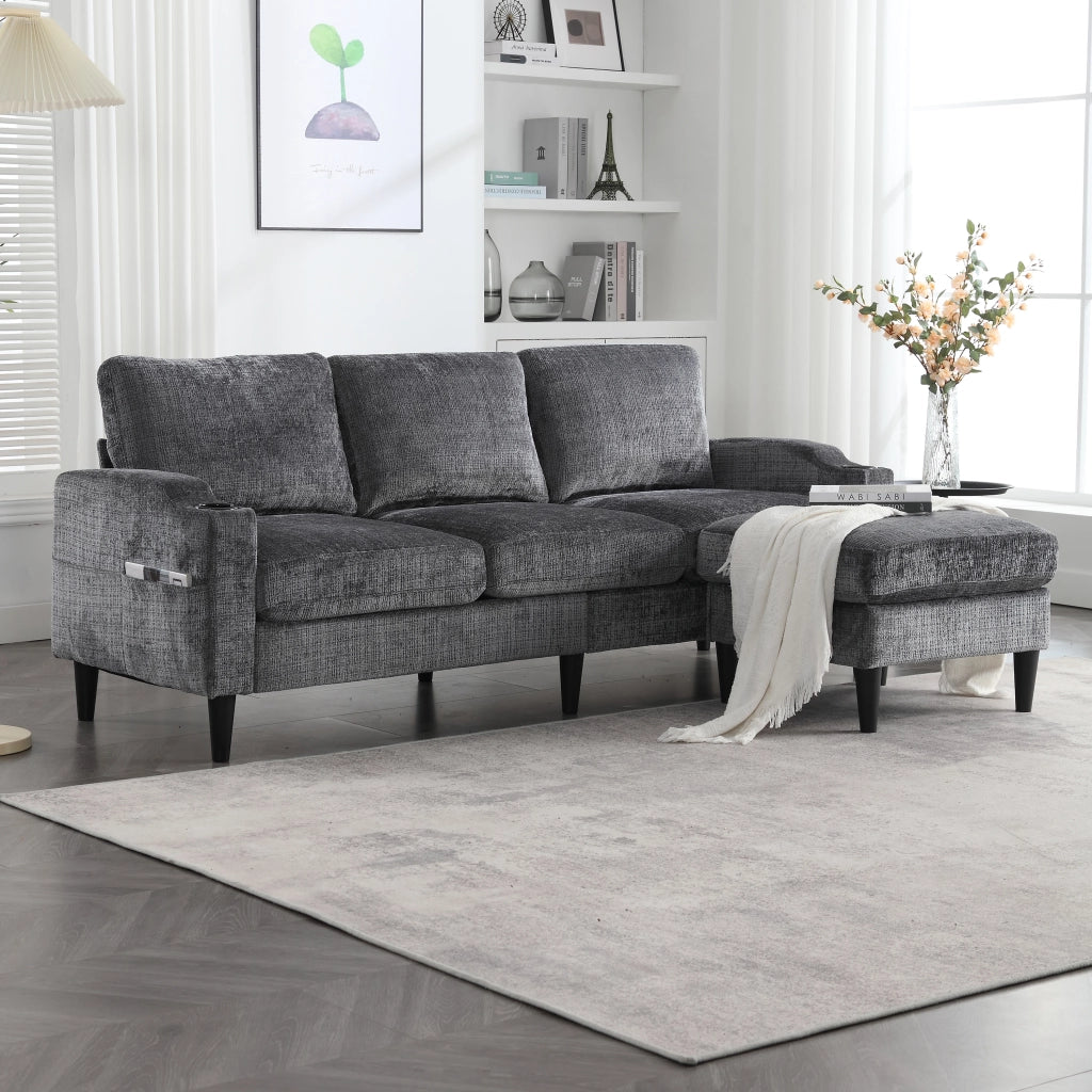Divano 4 Posti con Poggiapiedi e Contenitore ¨C MINIMAL ¨C Velluto, Braccioli, Portabicchieri