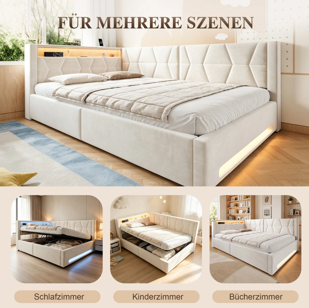 LETTO Contenitore 140x200 cm Velluto Beige con USB, Type-C e LED
