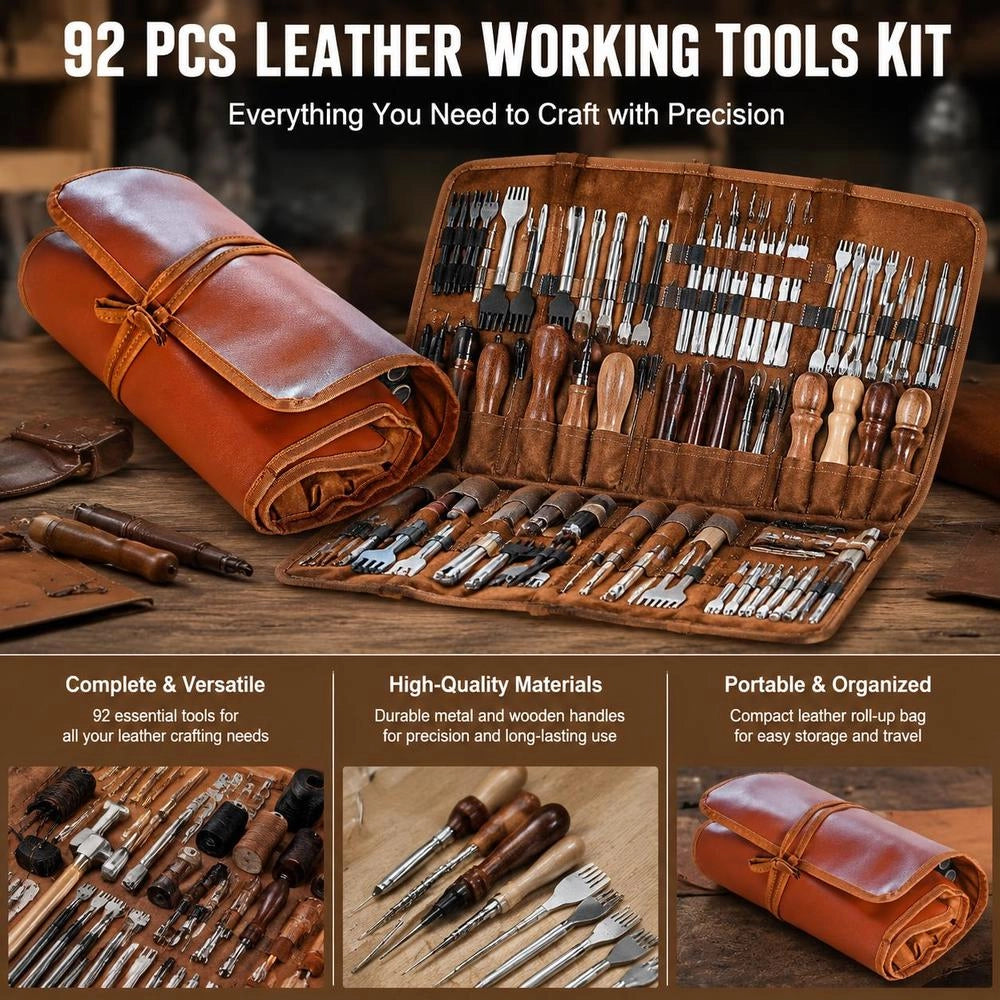 92-piece Leather Craft Tool Set With Portable Canvas Storage Bag. Includes Graphic Tools, Punching Tools, Sewing Tools, And Cutting Tools; Ideal For Beginners, DIY Enthusiasts, And Professionals.
