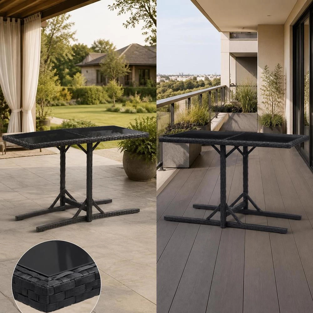 Garden Table Black 110x53x72 Cm Glass And Poly Rattan