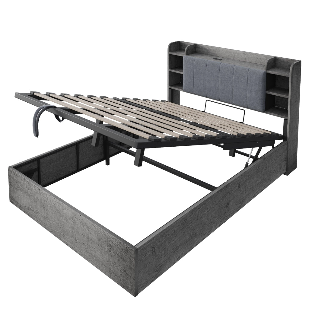 Letto contenitore 180x200 cm grigio con testiera a vani e porte USB e USB-C