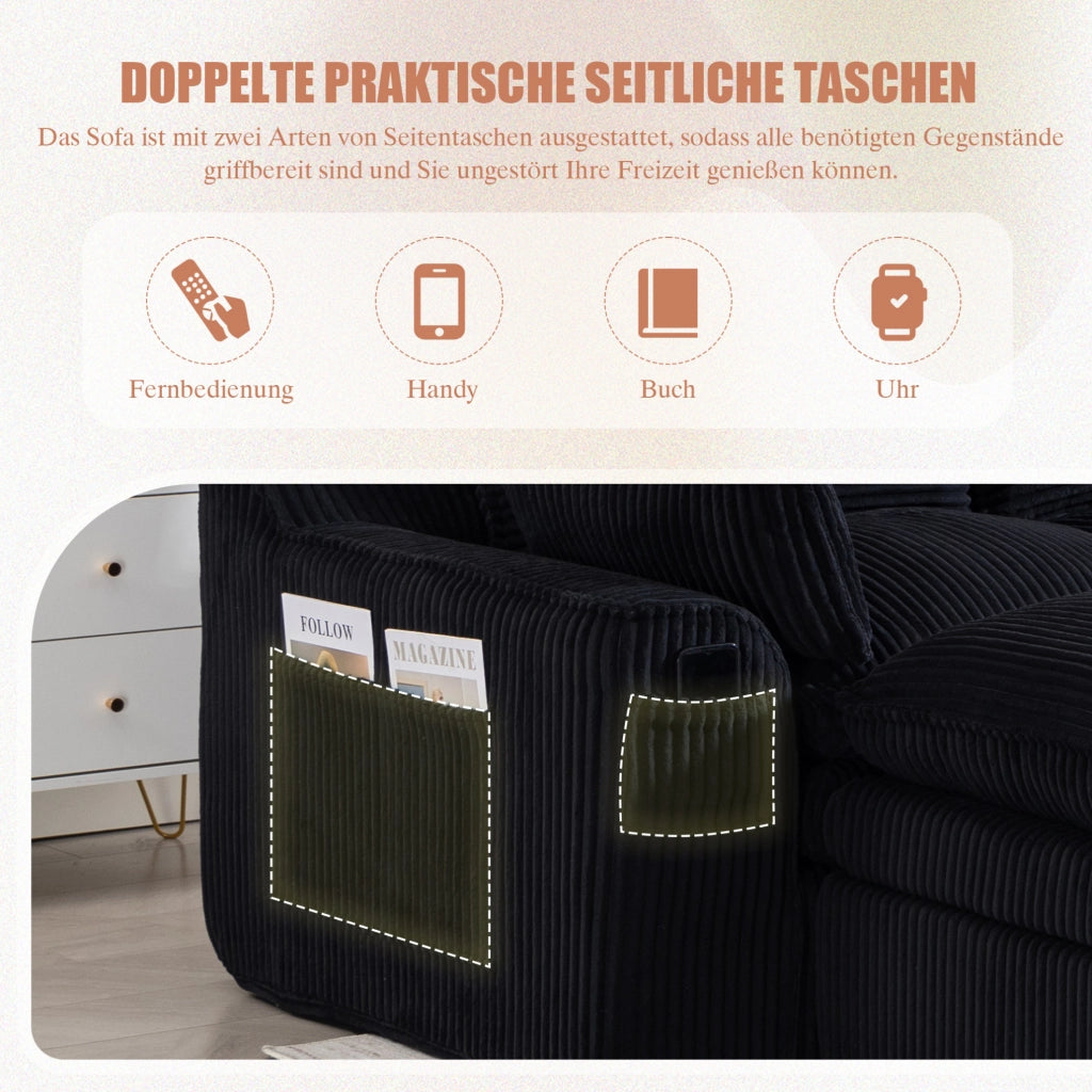 Divano modulare 4 posti in velluto con 2 pouf, cuscini e tasche laterali, schiuma a tre strati con molle, colore nero