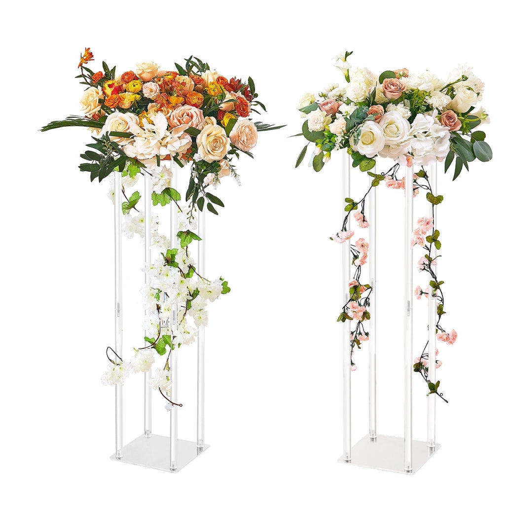 Set 2 Supporti per Fiori a Colonna Cubica in Acrilico Trasparente, Espositore Vaso Alto 80cm Robusto per Matrimonio e Feste