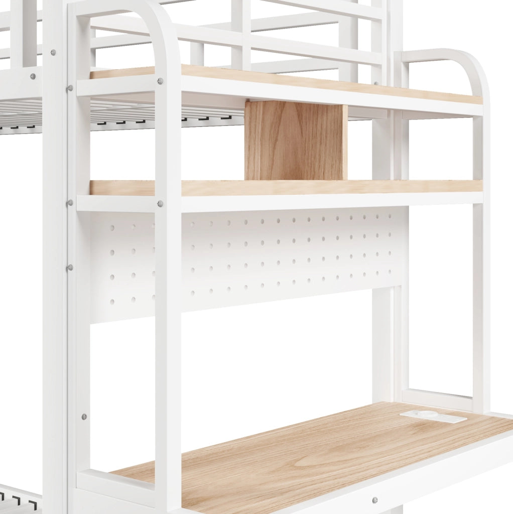 Letto a soppalco ULEVR 90x200 cm con scrivania, ripiani, LED, USB, scala e sponde di sicurezza, bianco