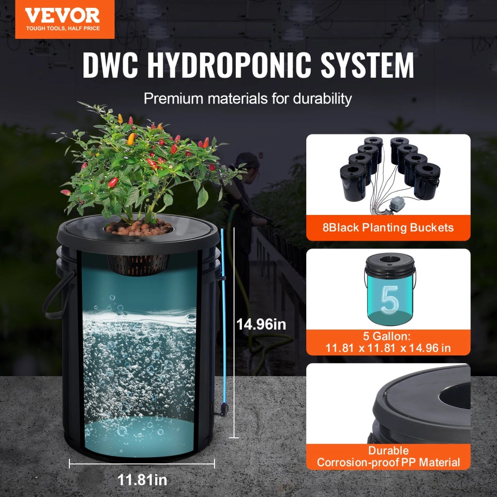 Kit Sistema di Coltivazione Idroponica DWC 8 Secchi da 20 L in PP EHW0008C con Pompa ad Aria e Pietre Porose per Casa Giardino