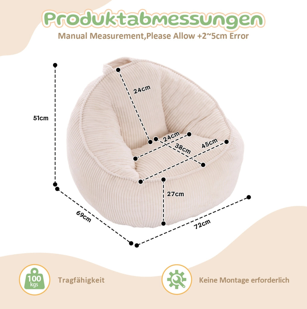 Poltroncina sacco per bambini beige in velluto a coste