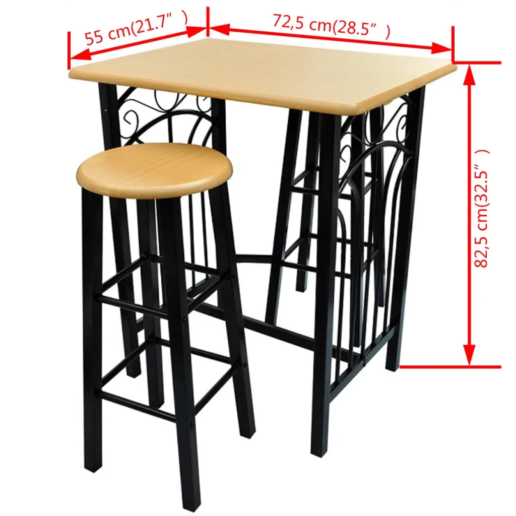 Tavolo e Sgabelli da Bar Set 3 pz in Legno e Acciaio 275403