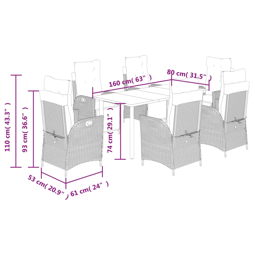 Set da Pranzo da Giardino 7 pz Nero con Cuscini in Polyrattan 3213403