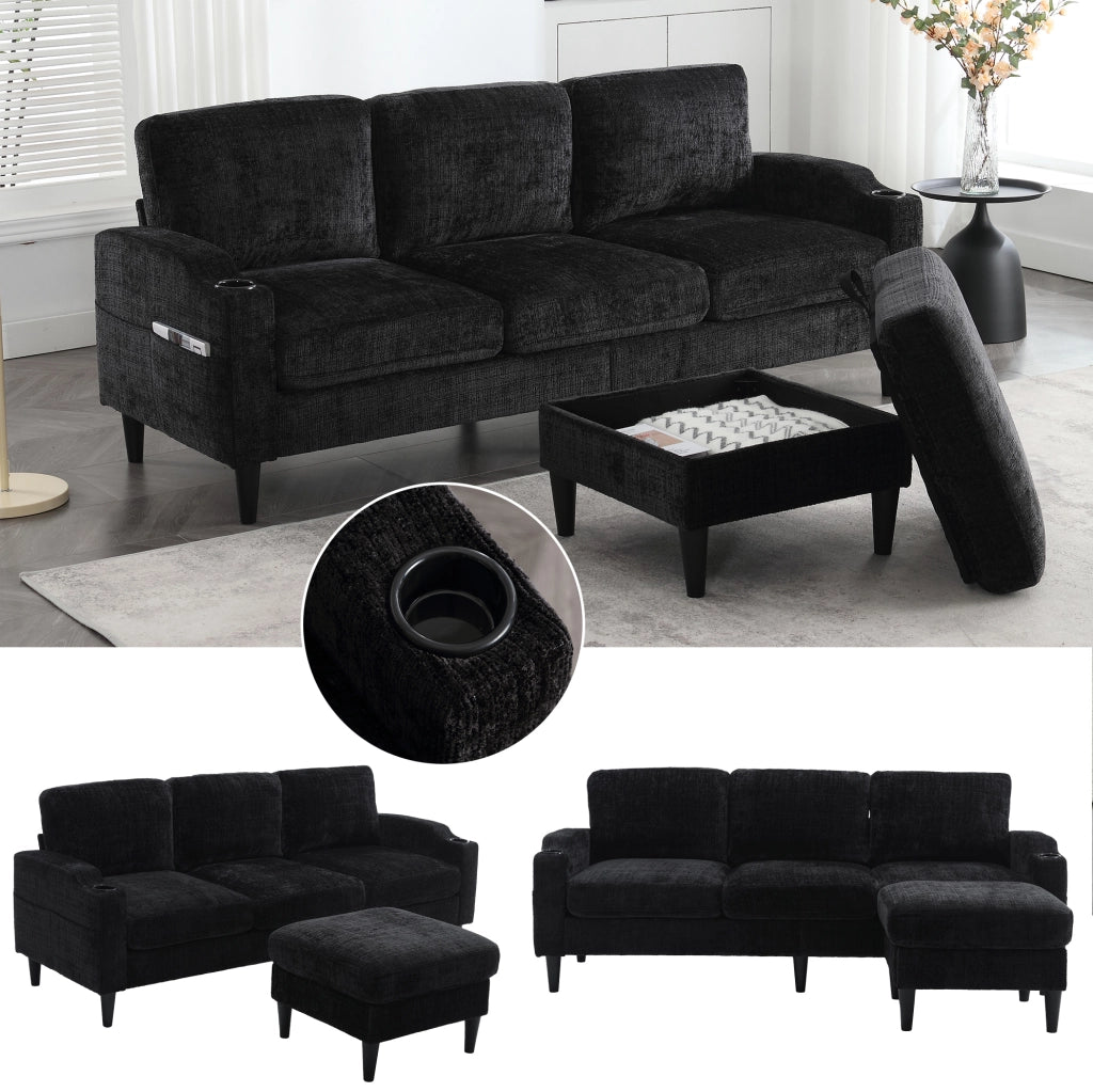 DIVANO 4 POSTI CON POUF CONTENITORE 196,5x75x77 cm CHENILLE NERO