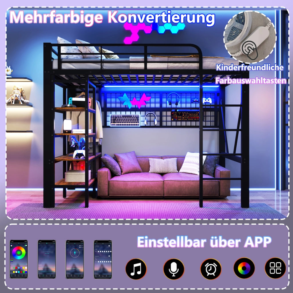 Letto per bambini a soppalco 90x200 cm con LED; ripiani e rete appendiabiti; metallo e MDF nero