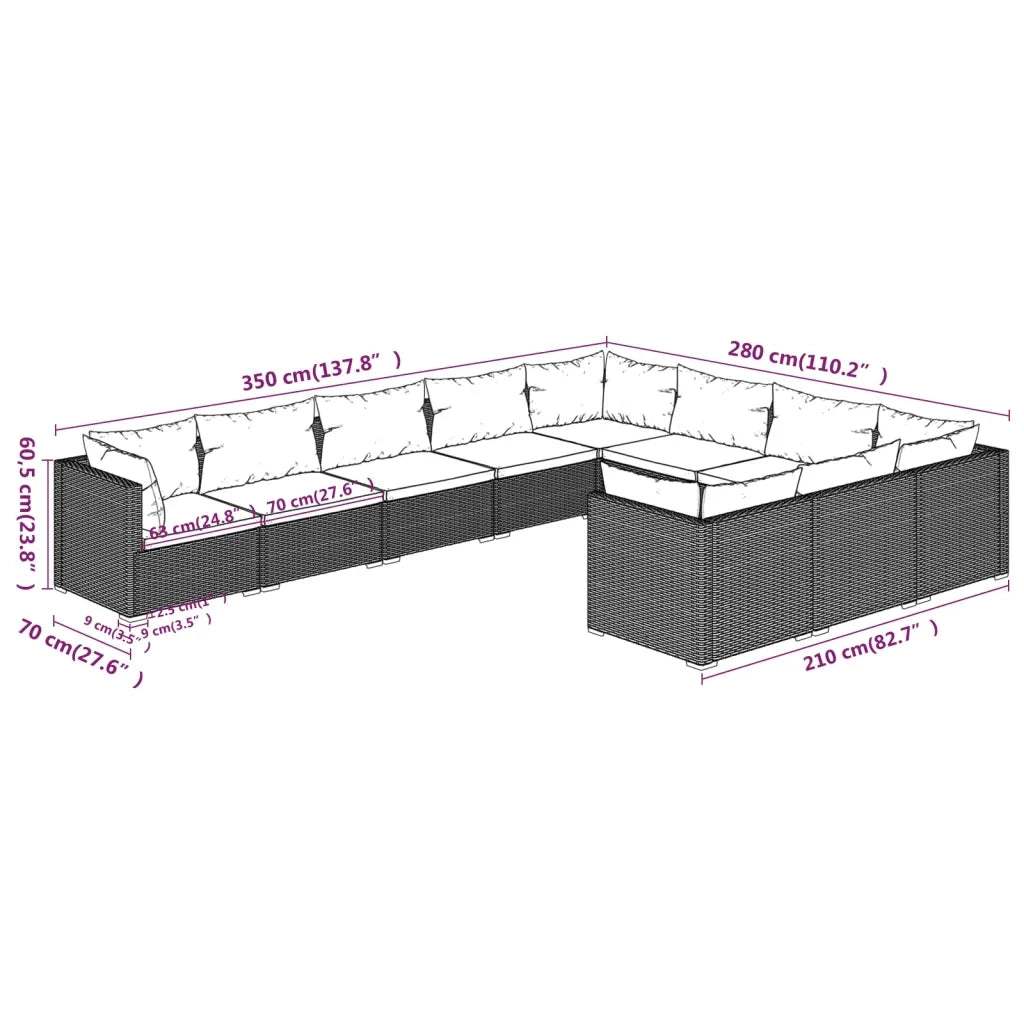 Set Divani da Giardino 10 pz con Cuscini in Polyrattan Marrone 3102779