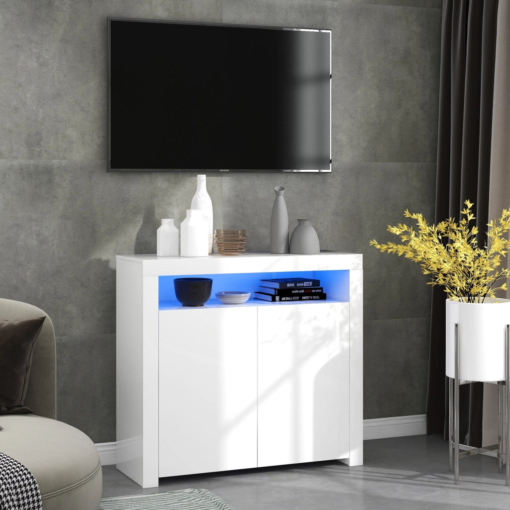 Madia con LED 2 ante e vano aperto controllo tramite app USB bianca lucida e opaca per soggiorno 108 × 40 × 92 cm