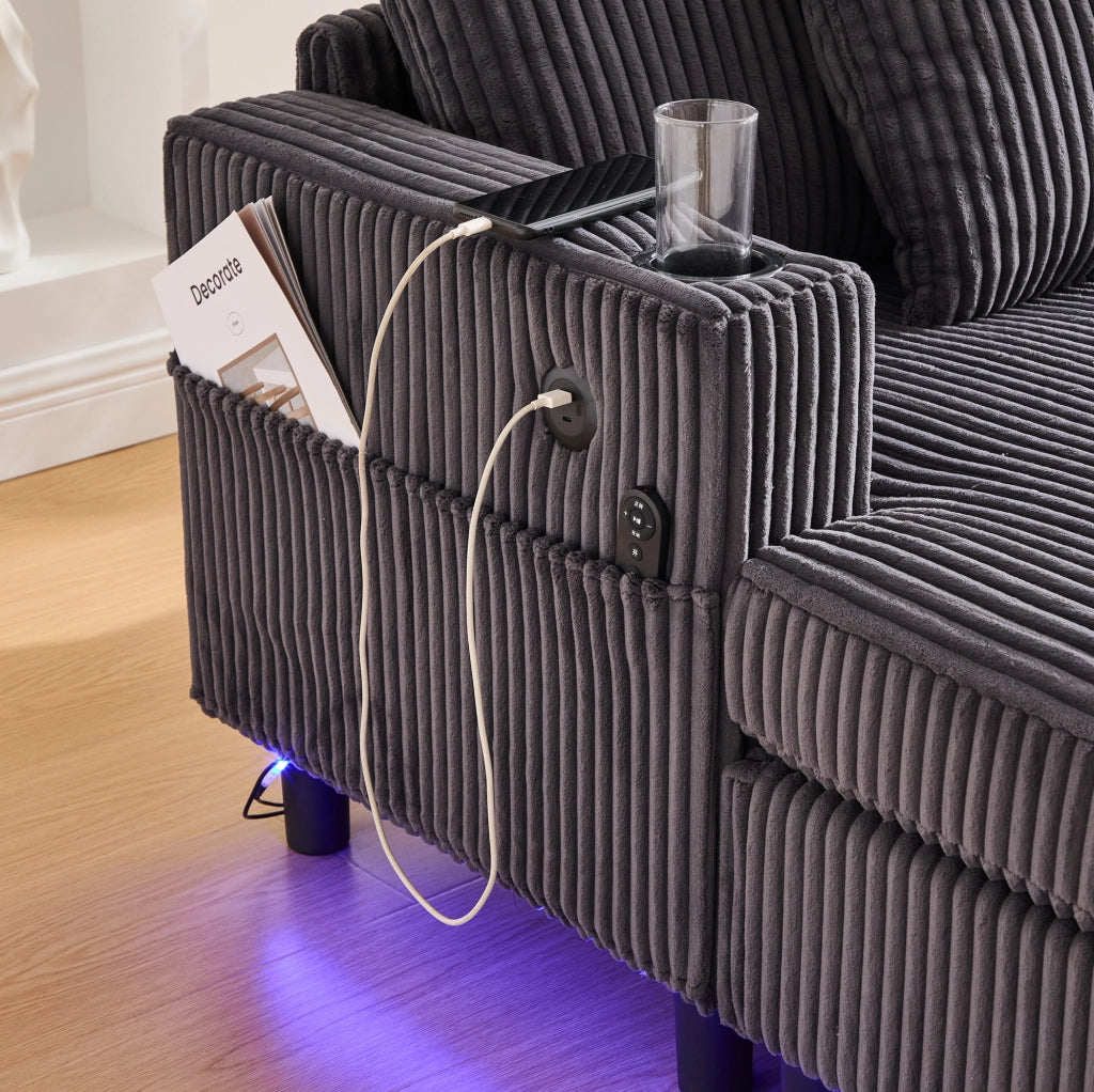 Poltrona relax extra large con LED multicolore; USB e portabicchieri in velluto a coste grigio scuro