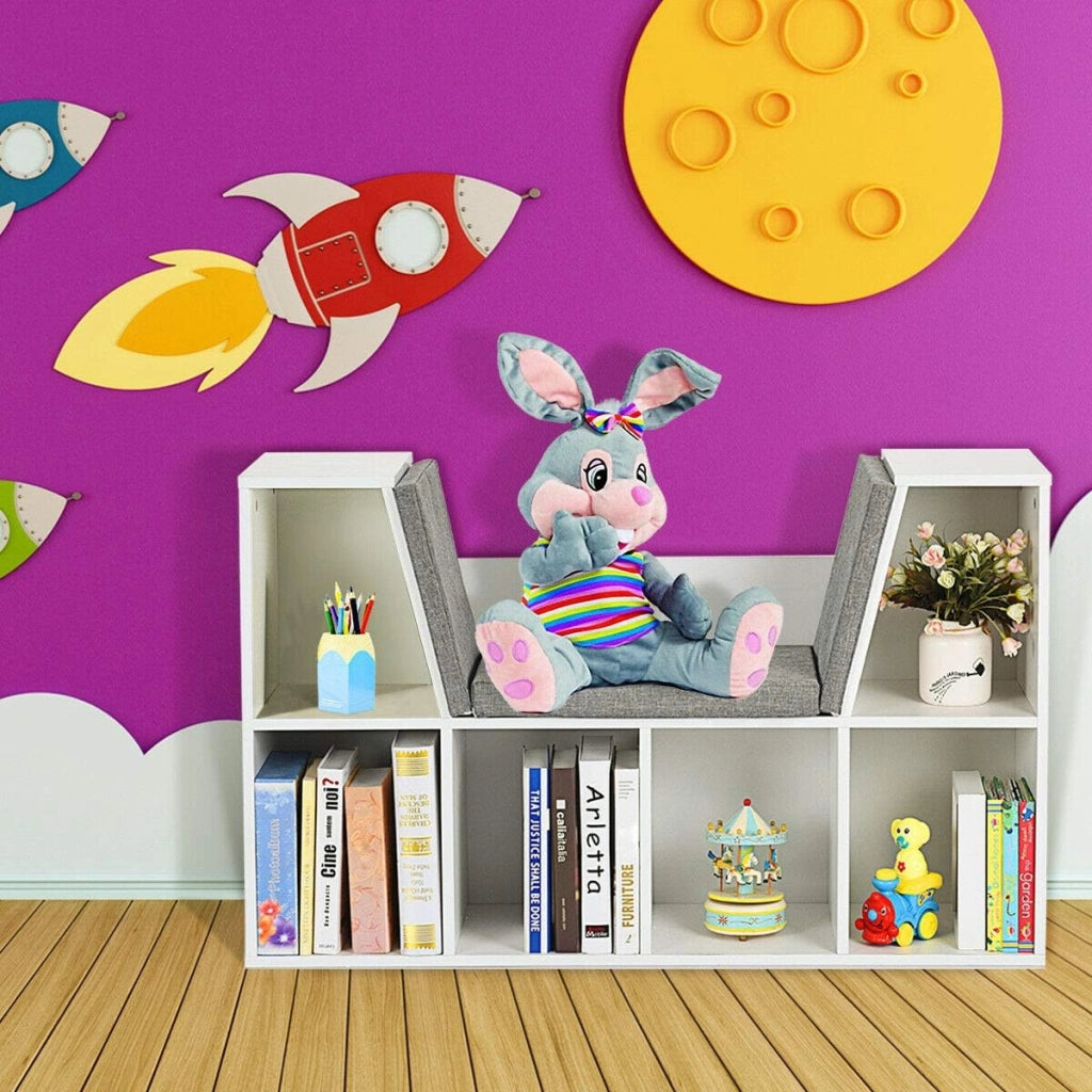 Scaffale per Libri, Libreria Panca in Legno con Cuscini per Bambini (BIanco)