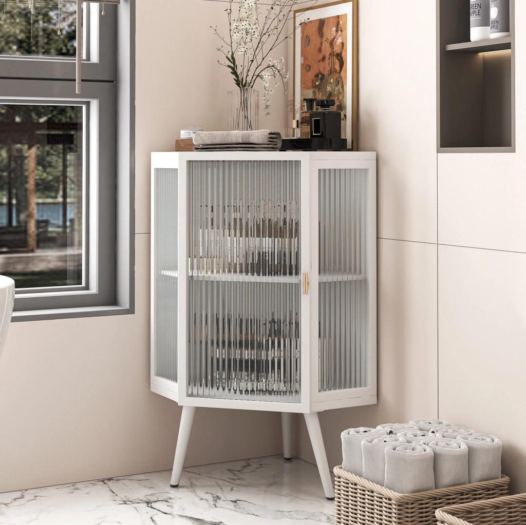 Mobile angolare 80 cm con anta e ripiani in metallo e vetro temperato bianco