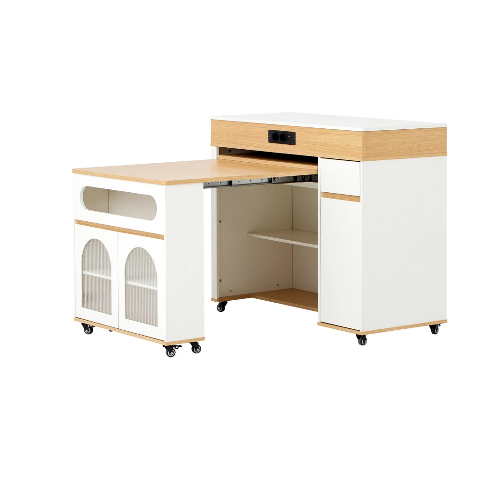 Isola cucina estensibile bianca e naturale con prese integrate