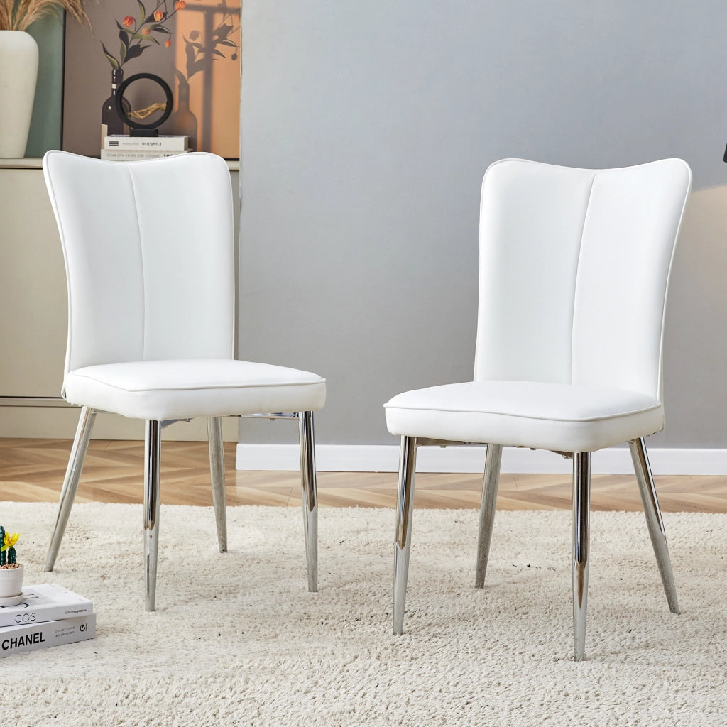 Set di 2 sedie da pranzo in PU bianco con gambe in metallo color argento schienale curvo e piedini regolabili