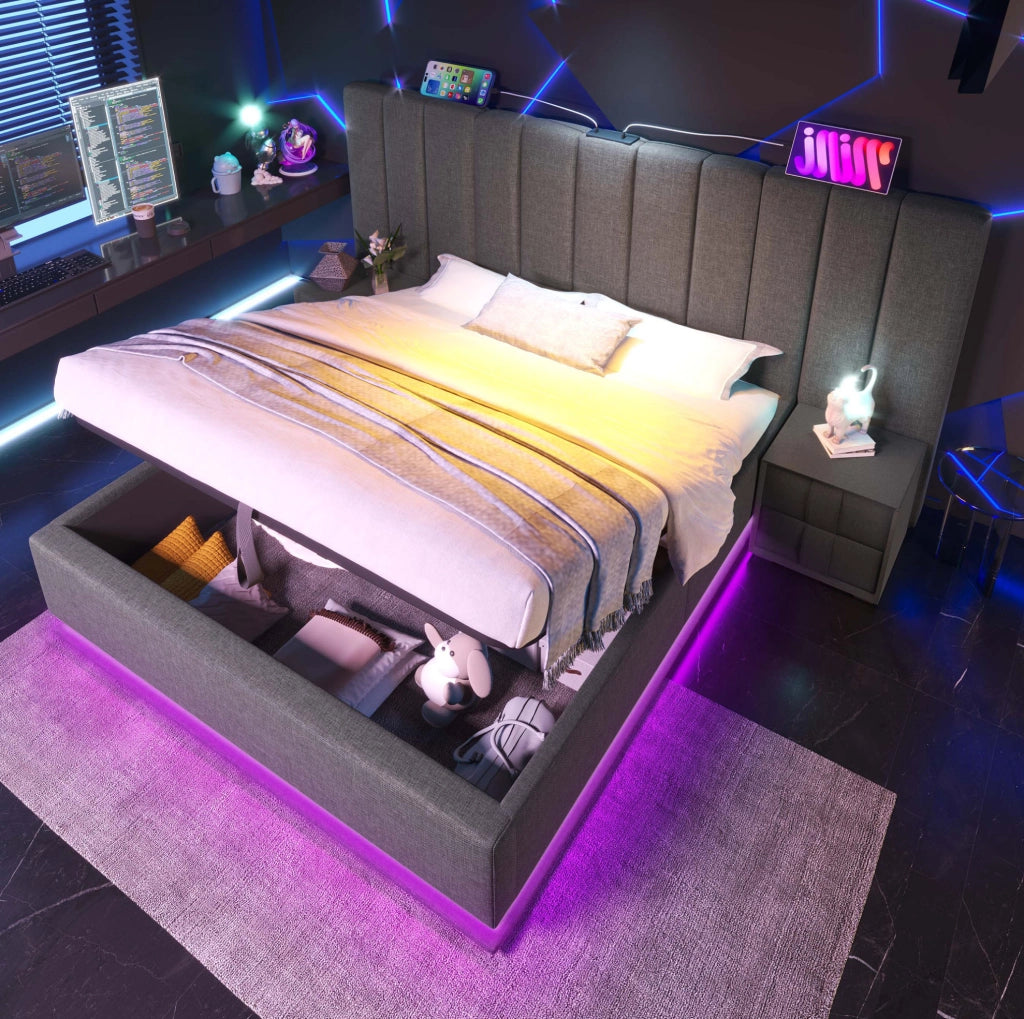 Letto imbottito 160x200 cm con contenitore; LED 360°; USB e Type-C; lino grigio