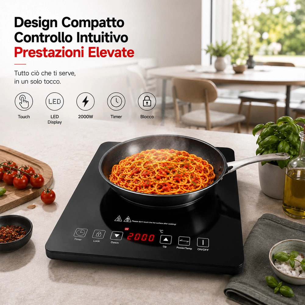 Piastra a Induzione 1 Fuoco 2000W Fornello Elettrico Touch con Timer Nero