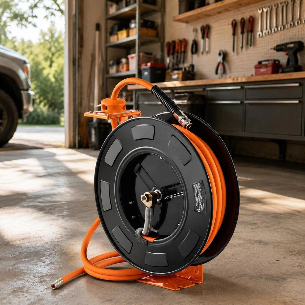 Air Hose Reel 9.52mm X 19.81m Hybrid Rubber Hose Automatic Retraction With Lock Steel Housing 300 PSI Ceiling Or Wall Mount For Workshop Garage