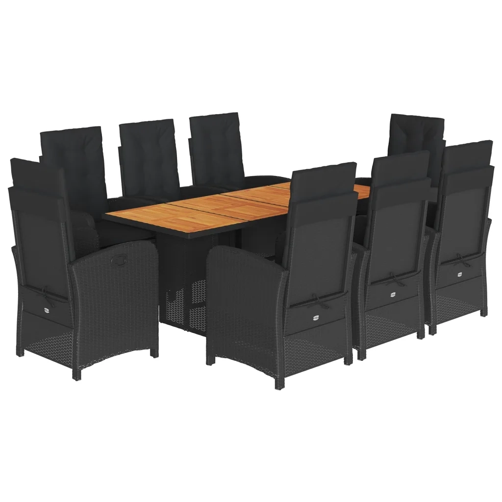 Set da Pranzo da Giardino 9 pz con Cuscini Nero in Polyrattan