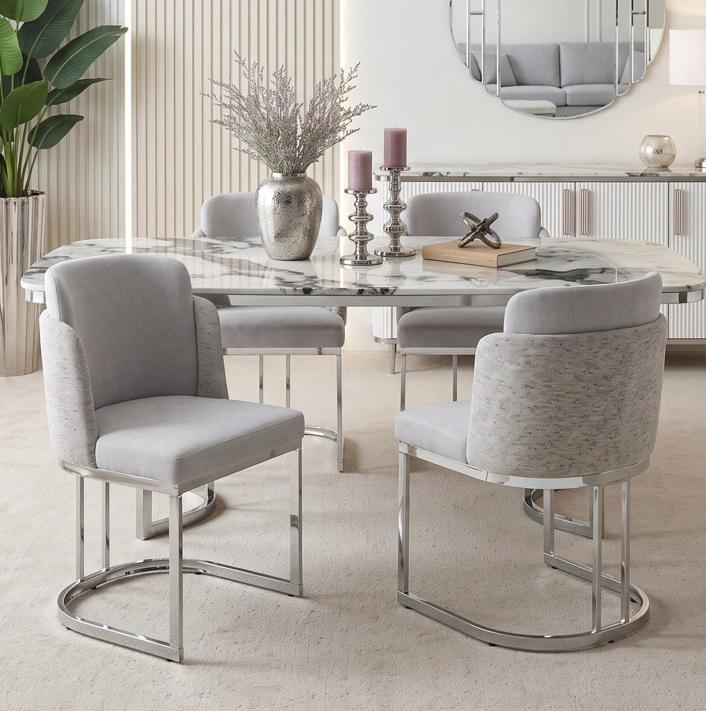 2 sedie da pranzo moderne in chenille grigio e metallo galvanizzato, con doppio schienale, seduta confortevole e struttura robusta