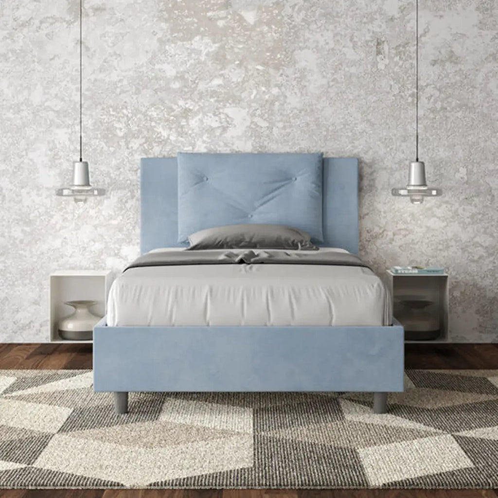 Letto una piazza e mezza con rete imbottito 120x200 microfibra azzurro Appia
