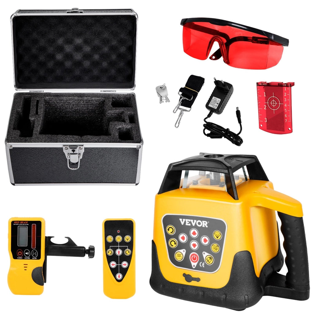Livella Laser Rotante Autolivellante Raggio Rosso 360 Gradi Portata 300 m IP54 con Telecomando Ricevitore e Valigetta per Lavori e Cantiere