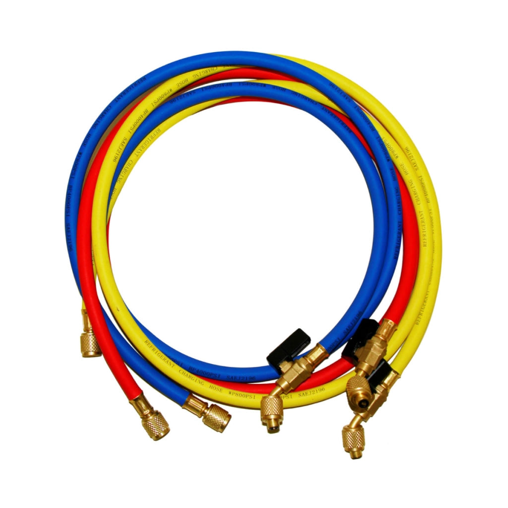 KIT 3 TUBI DI CARICA GAS REFRIGERANTI R410A/R32 - ATTACCHI 5/16SAE - ROSSO-GIALLO-BLU- LUNGHEZZA 150CM  - GER