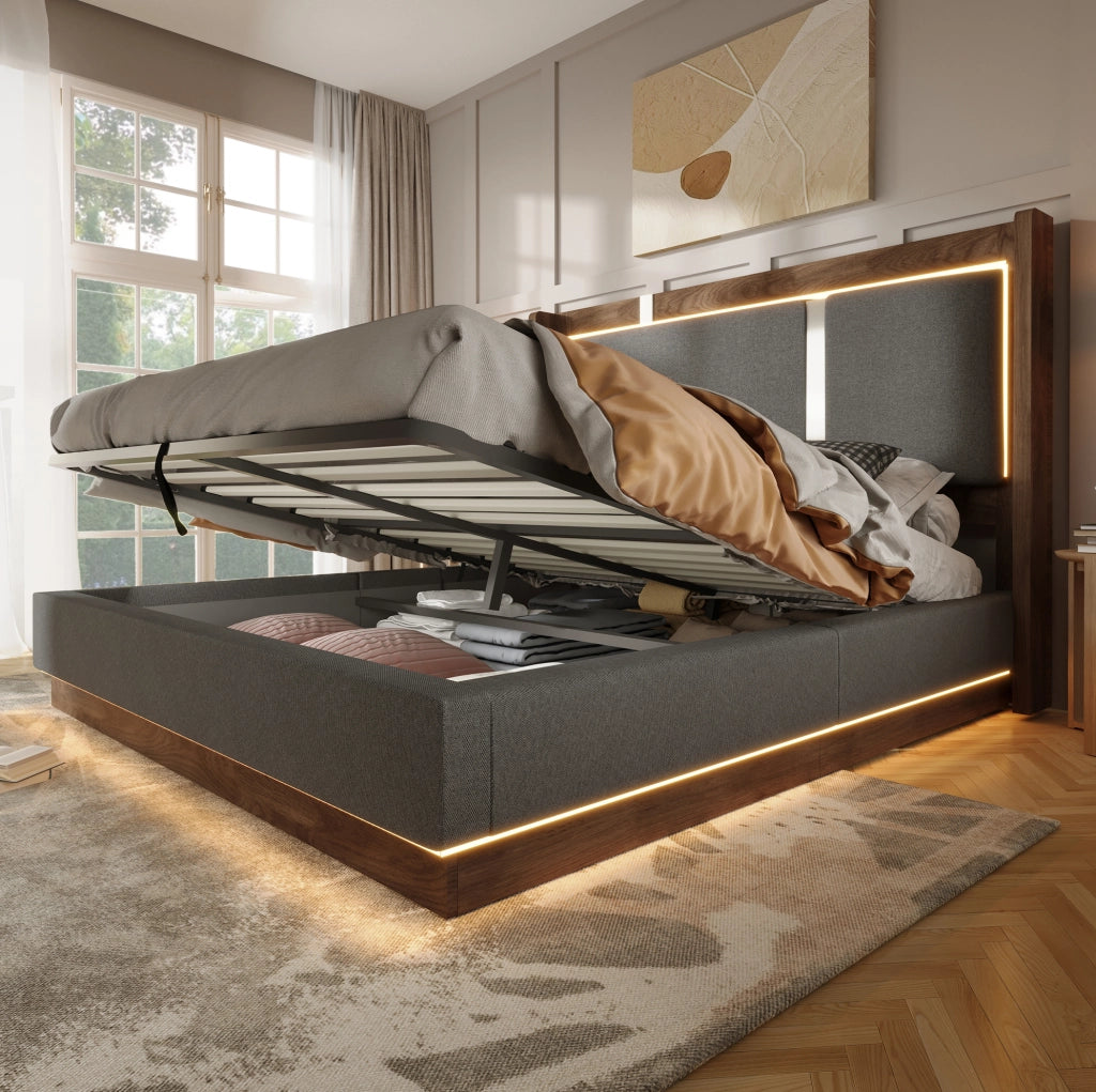 LETTO con contenitore e LED 160x200 cm Grigio e Noce