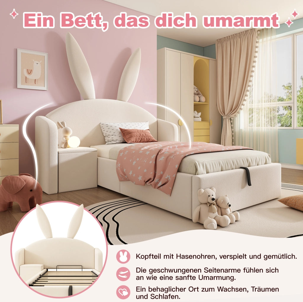 LETTO 90x190 cm per bambini in velluto beige con contenitore e comodino