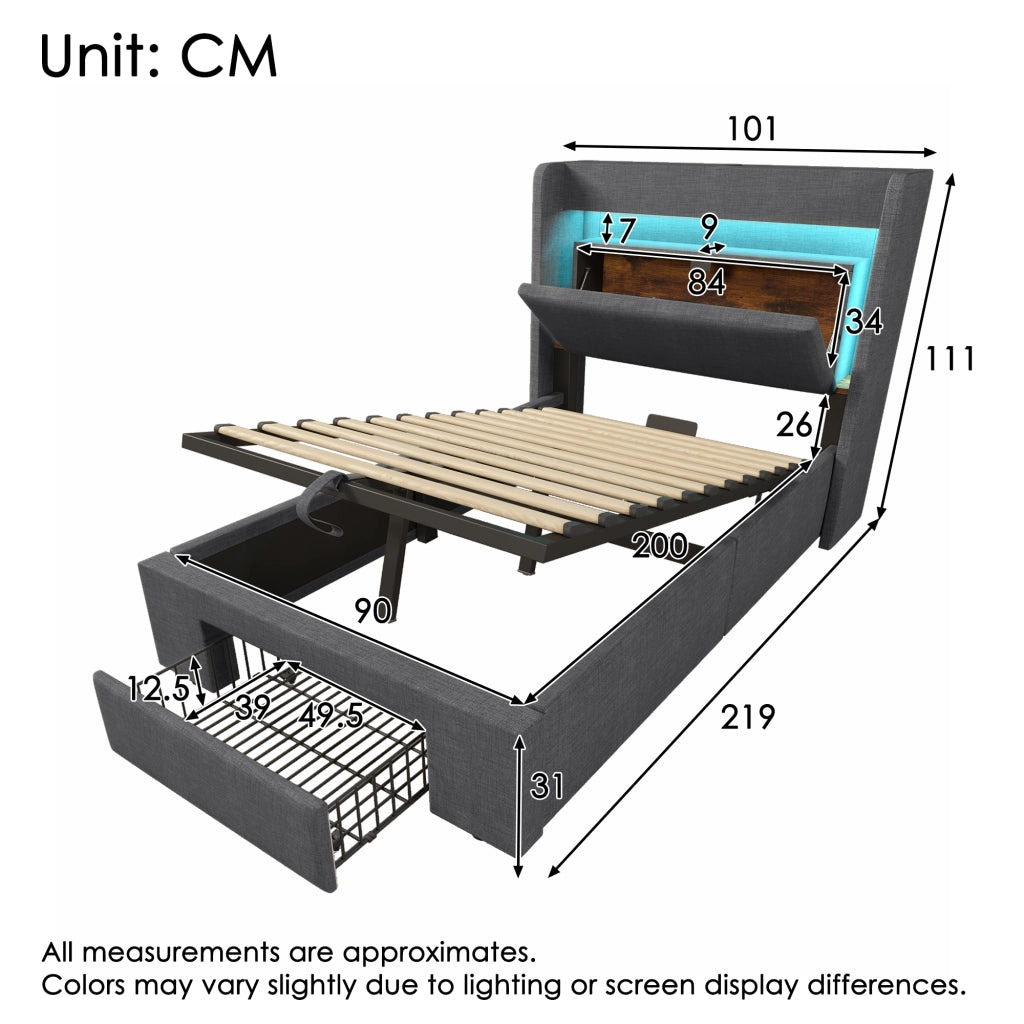 Letto imbottito 90x200 cm con materasso e testiera USB-C