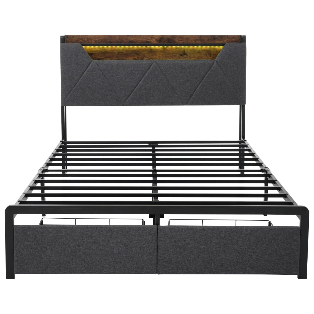Letto matrimoniale imbottito 160x200 cm grigio con due cassetti