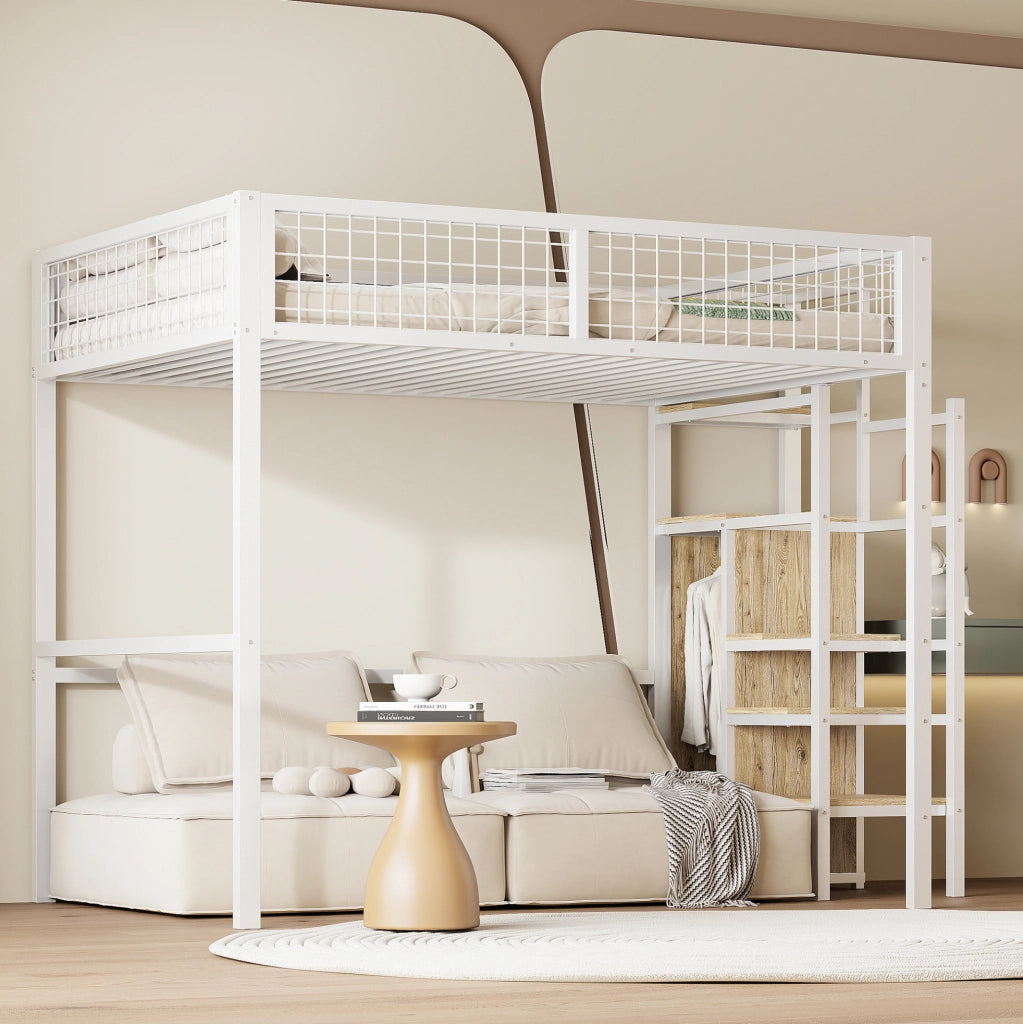 Letto a soppalco 140x200 cm con scala e armadio; bianco