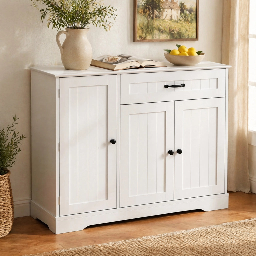Credenza moderna bianca in MDF con 3 ante; cassetto e ripiani regolabili