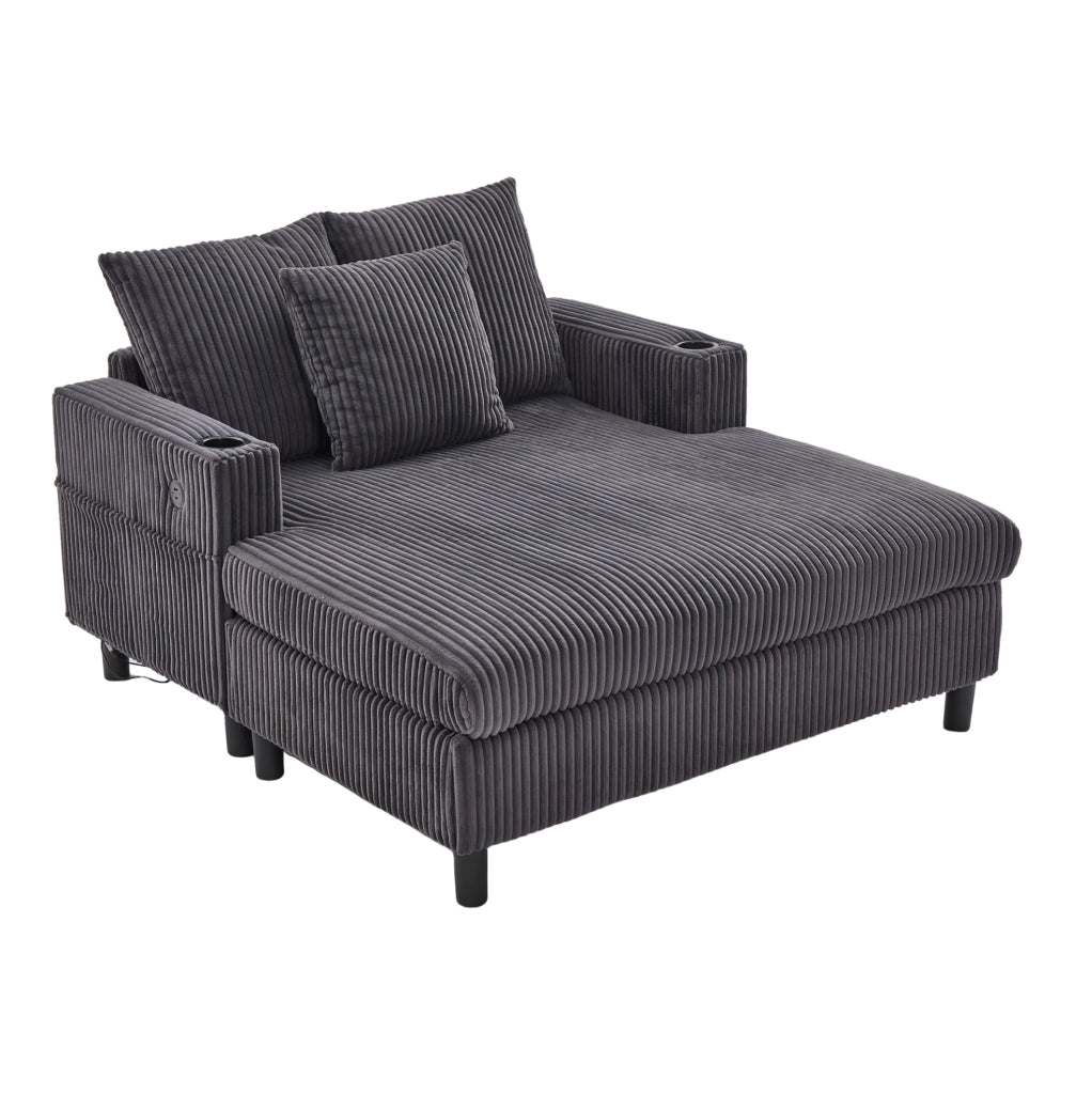 Poltrona relax extra large con LED multicolore; USB e portabicchieri in velluto a coste grigio scuro