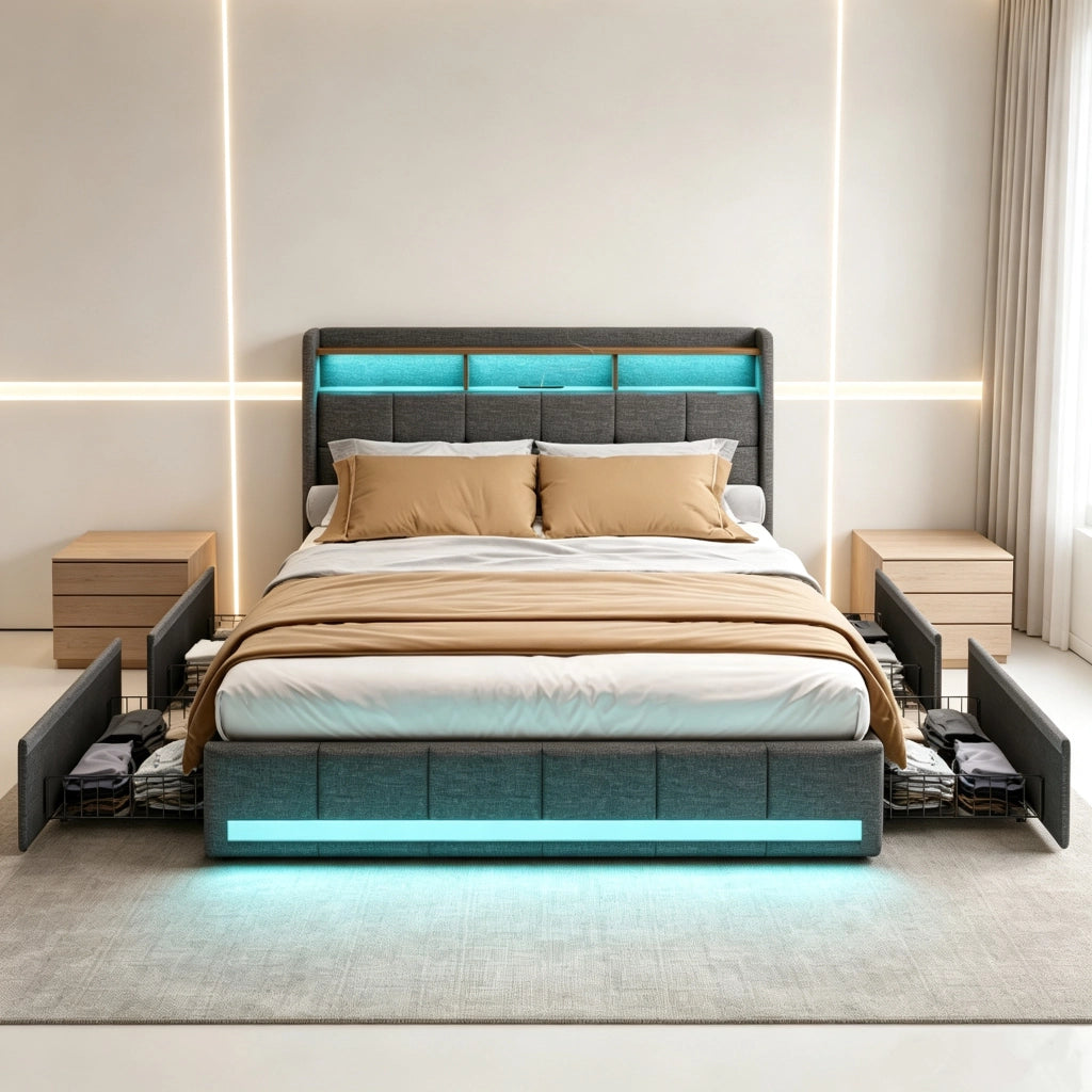 Letto matrimoniale imbottito 180x200 cm con 4 cassetti ; letto Contenitore con LED e USB; letto funzionale letto adulti ;Lino Grigio Scuro