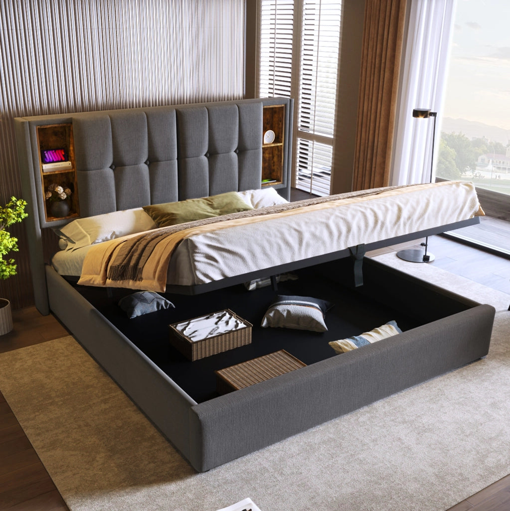 LETTO Imbottito 140x200 cm Cotone Grigio con ricarica wireless USB e Type-C