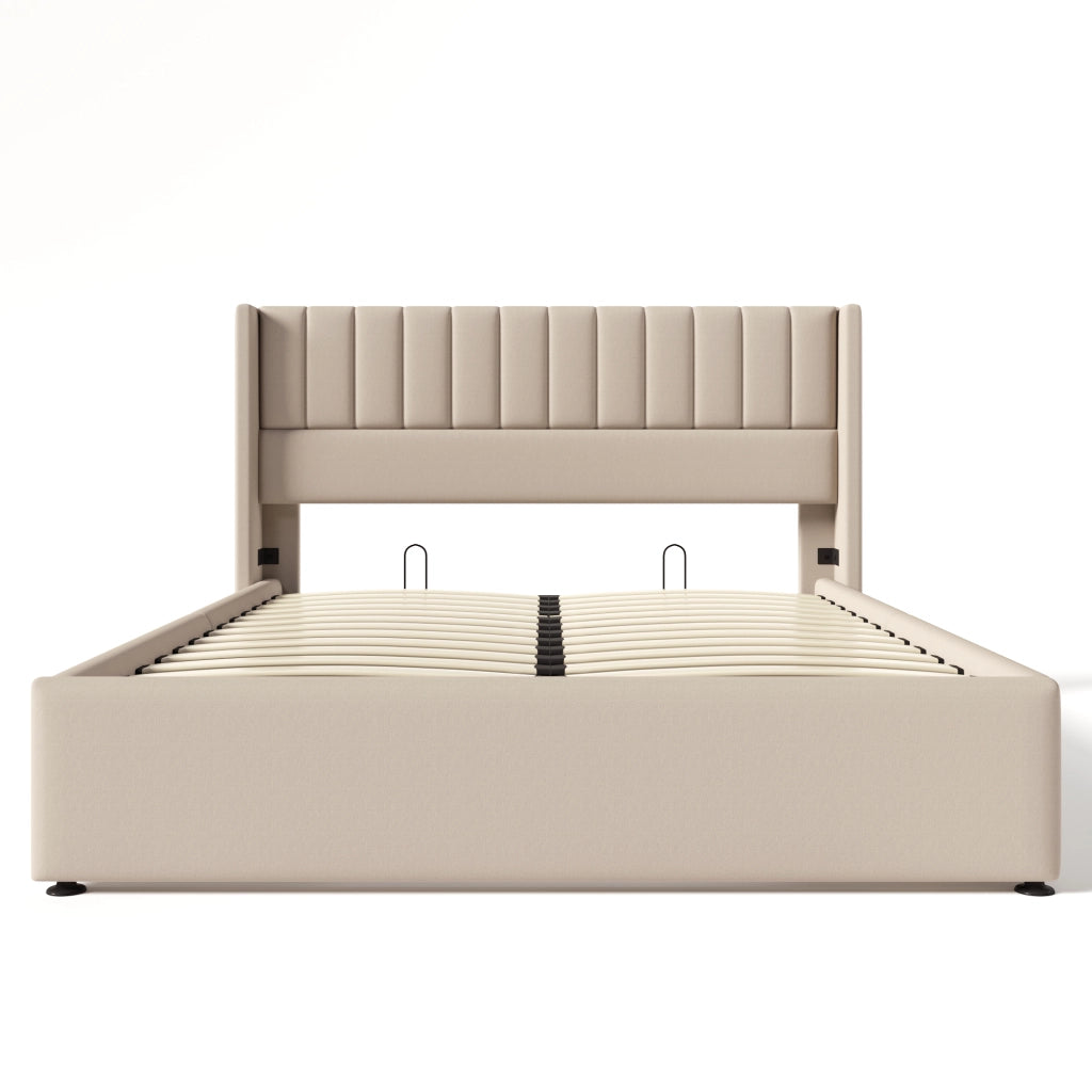 Letto contenitore 140x200 cm imbottito in lino beige