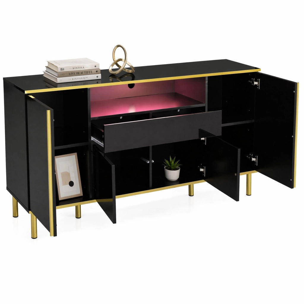 Sideboard nero lucido con LED; 150x40x80 cm; in MDF e truciolare