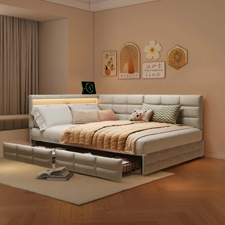 Divano letto multifunzionale 140x200; letto imbottito a L con LED e USB; Letto Matrimoniale con Rete a doghe e Testiera con Contenitore; Lino Beige
