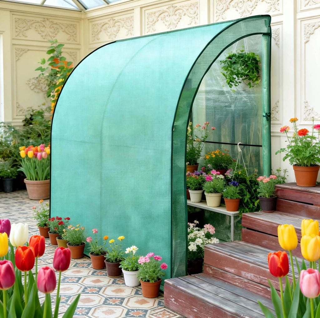 Serra da giardino ULEVR 200x100x210 cm addossata con copertura in PE verde e 2 porte avvolgibili