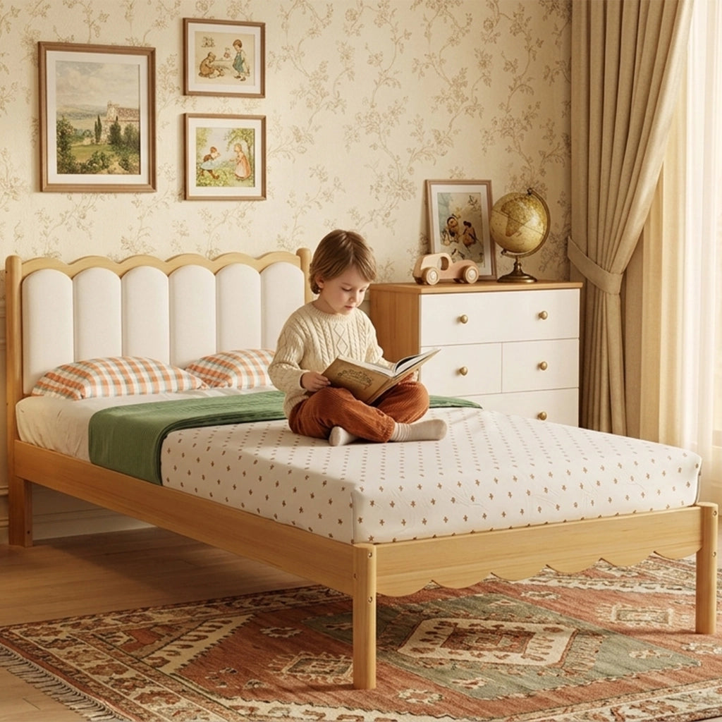 Letto imbottito per bambini con testiera in PU e doghe, 90x200 cm, beige