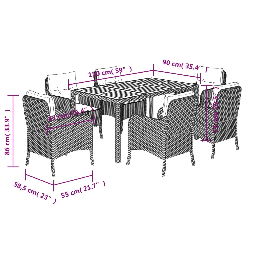 Set da Pranzo da Giardino 7 pz Nero con Cuscini in Polyrattan