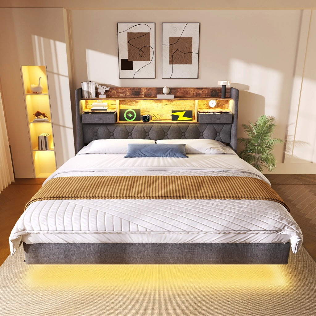 Letto imbottito con LED, USB-C e testiera contenitore, 180x200 cm, grigio